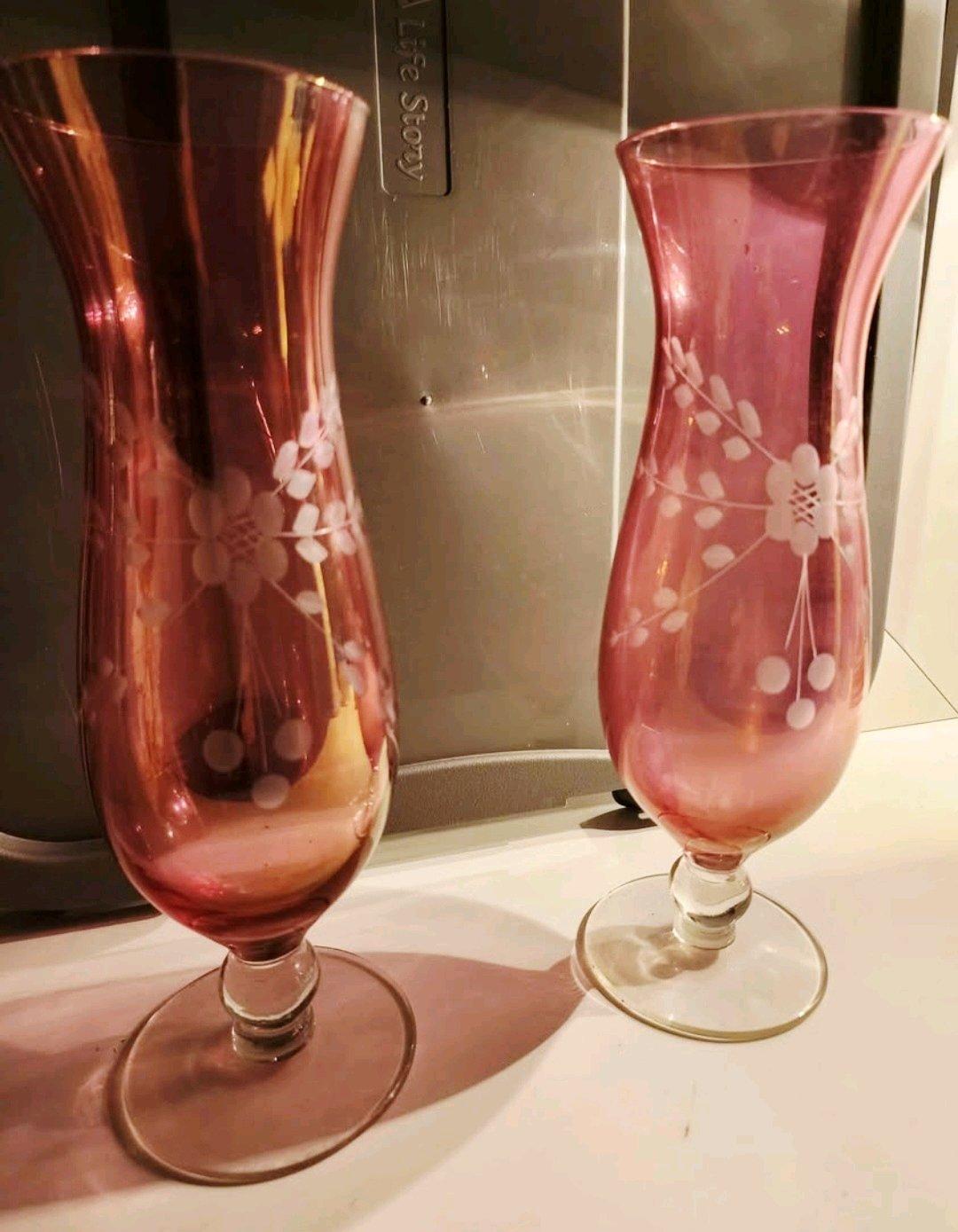 Vintage Cranberry etched hurricane vases - Knoxville, Tennessee - FleaMarketBay