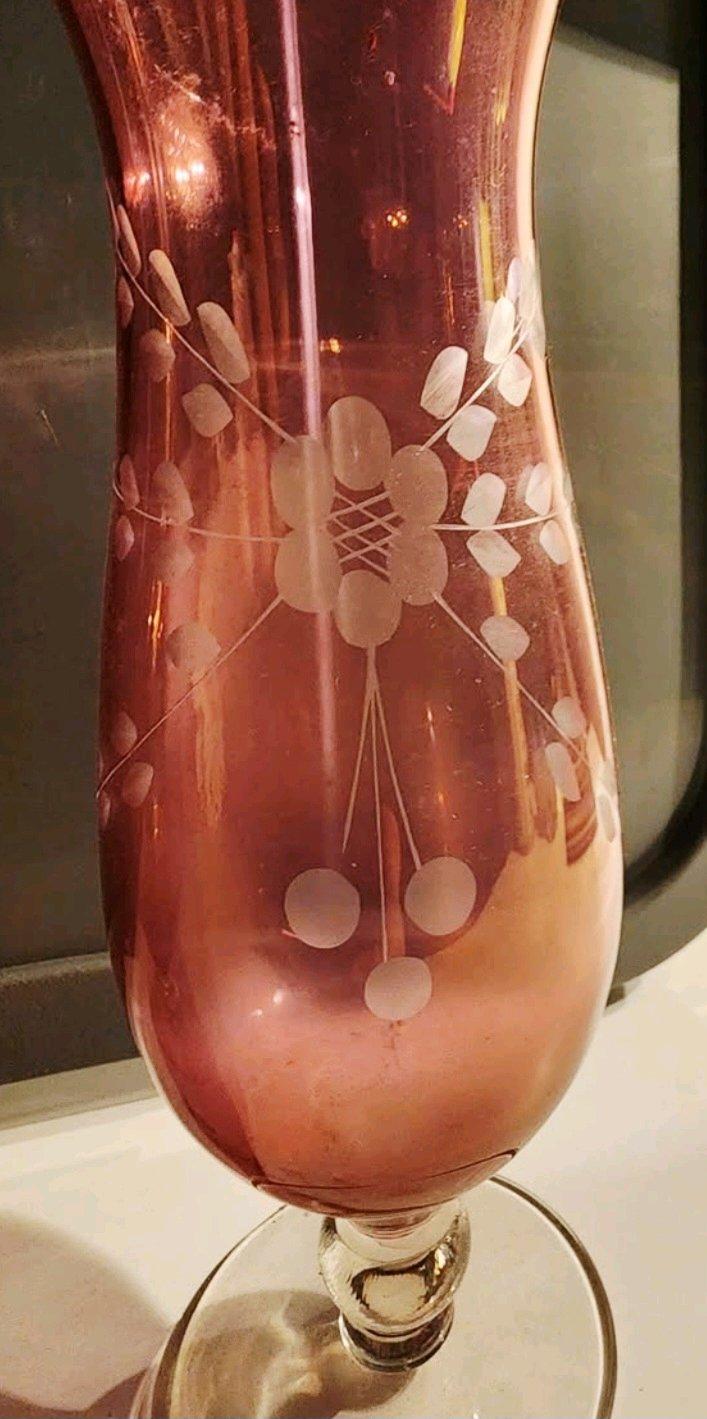 Vintage Cranberry etched hurricane vases - Knoxville, Tennessee - FleaMarketBay