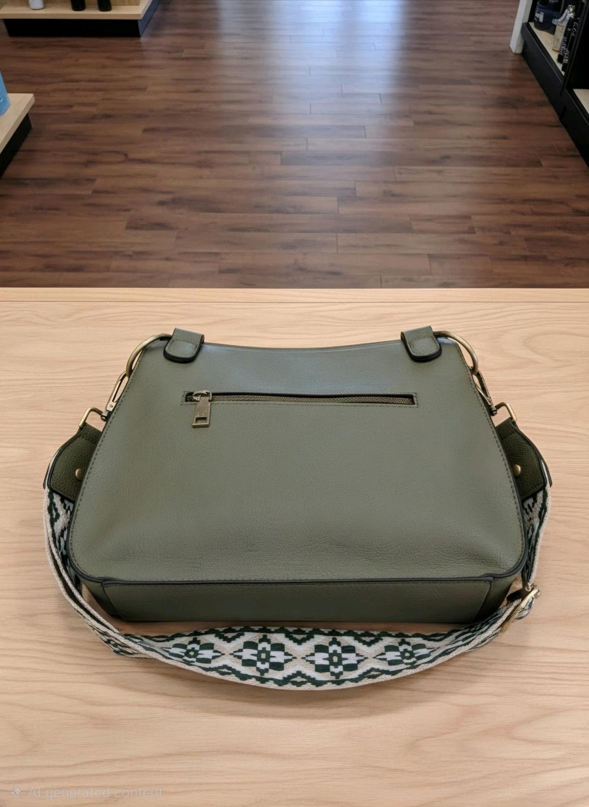 Olive Green Studded Crossbody Bag with Patterned Guitar Stra - Ionia, Michigan - FleaMarketBay