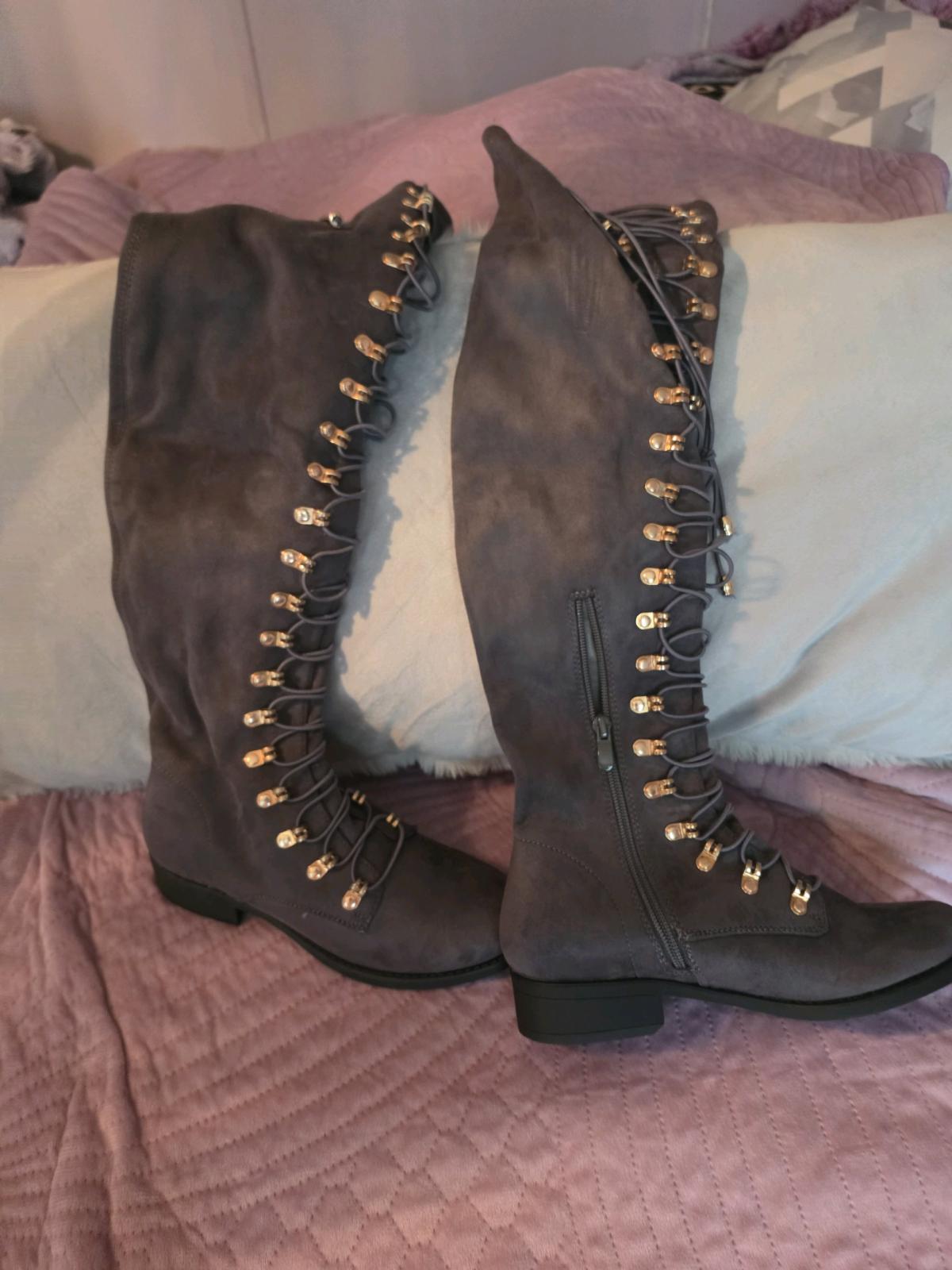 Grey Faux Suede OvertheKnee LaceUp Boots with Gold Hardware - Ionia, Michigan - FleaMarketBay