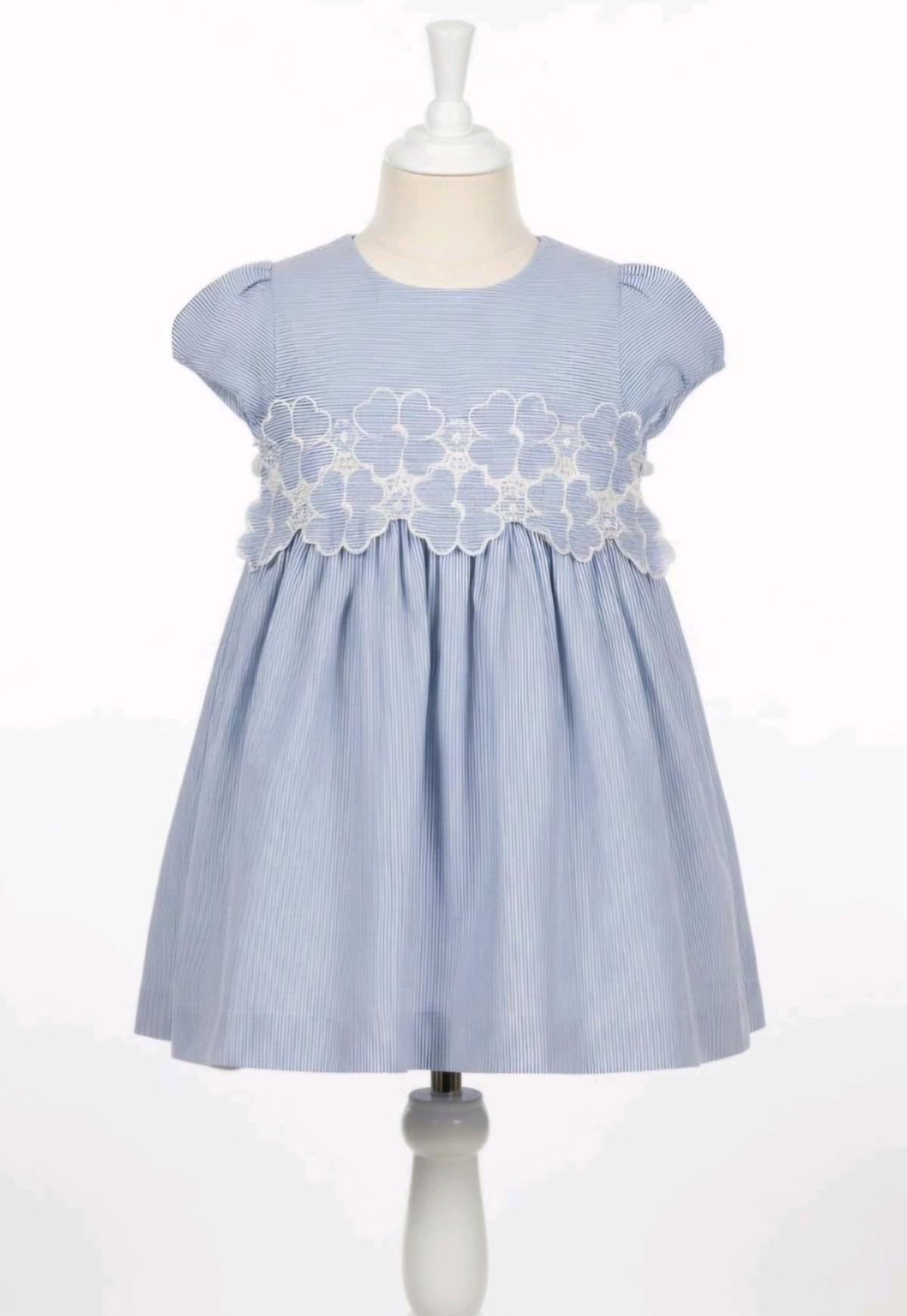 Blue Seersucker Dress  White Floral Lace Applique  Cap Sleev - Sumter, South Carolina - FleaMarketBay