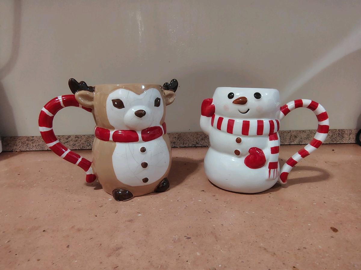 Christmas Reindeer  Snowman Ceramic Mugs  Candy Cane Handles - Chicago, Illinois - FleaMarketBay