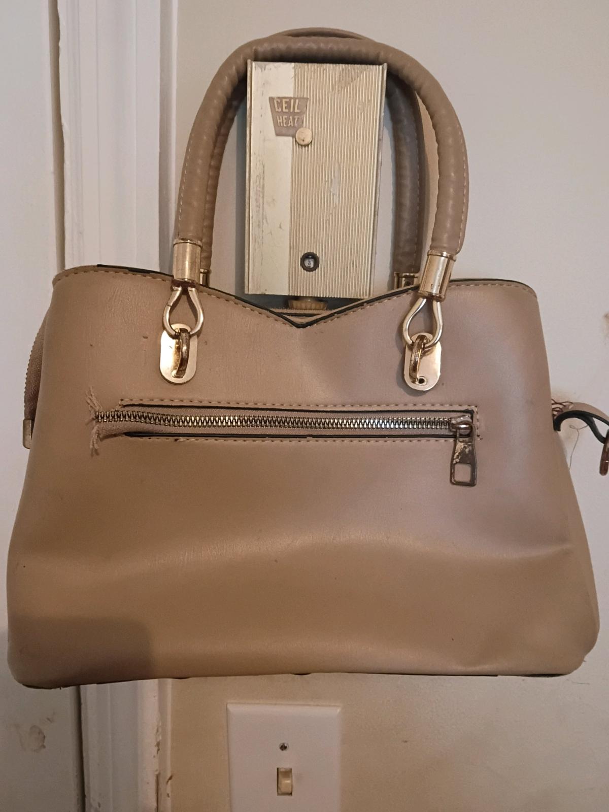 TwoTone Beige  Cream Structured Satchel Handbag with Gold Ha - Florence, South Carolina - FleaMarketBay