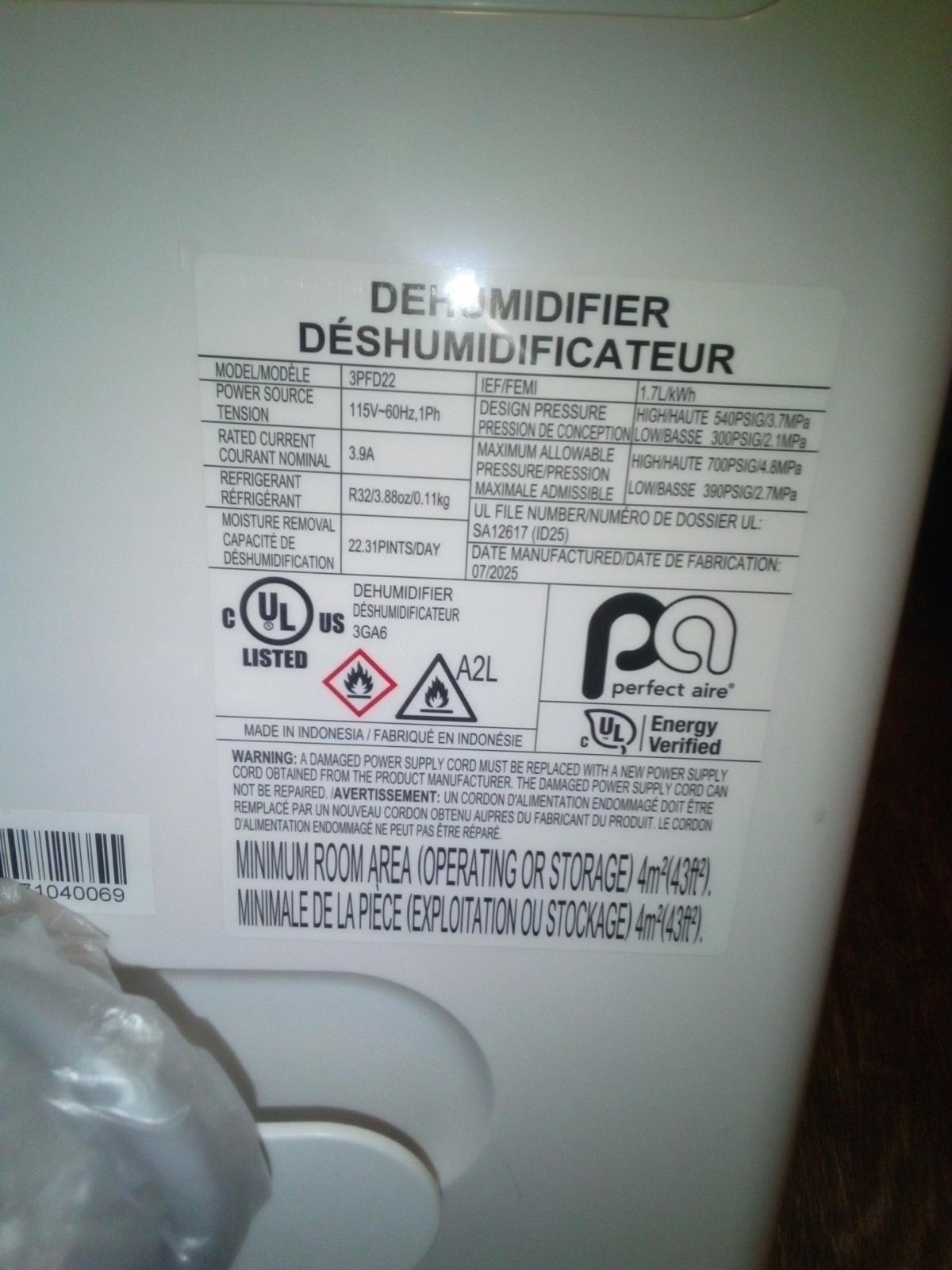 New open box  PERFECT AIRE Dehumidifier - San Francisco, California - FleaMarketBay
