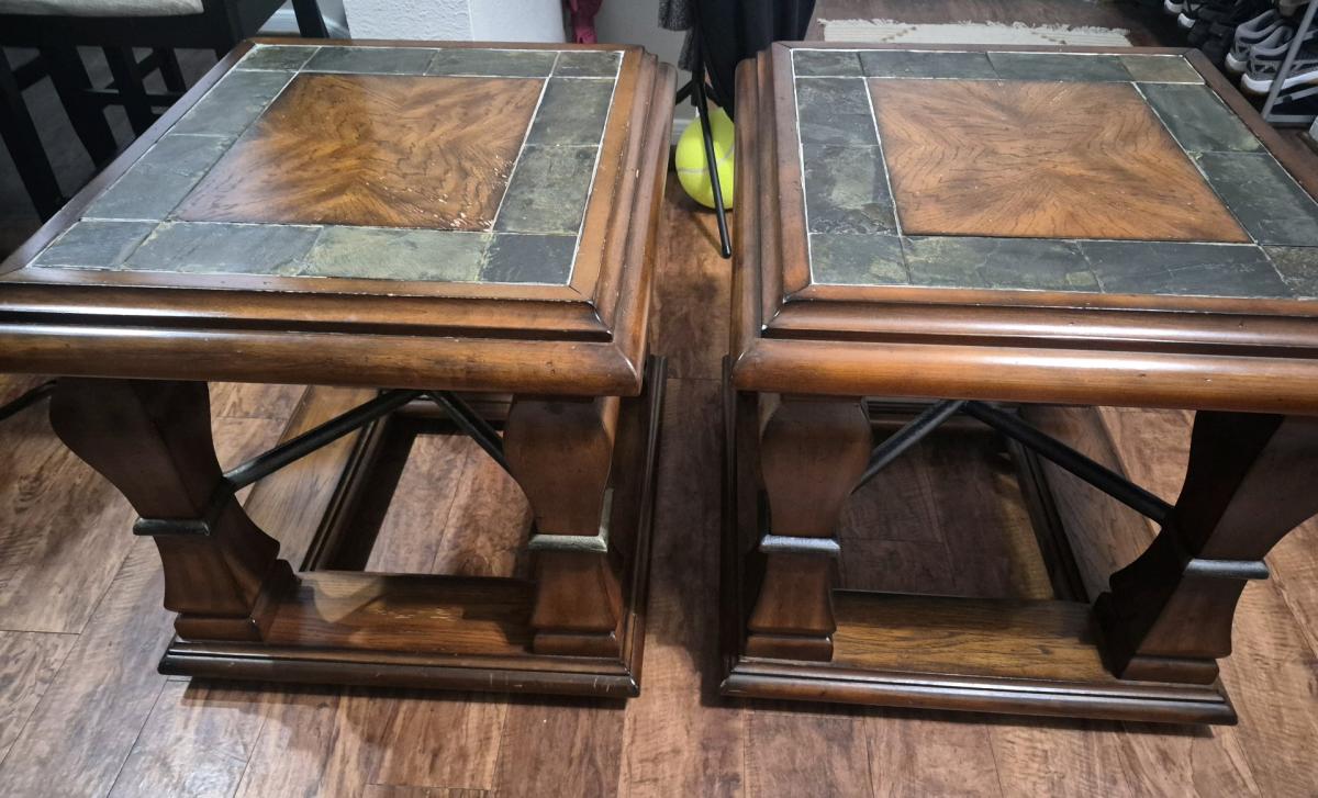 3 piece set Solid wood and Slate Tile Coffee Table with Glas - Webster, Texas - FleaMarketBay