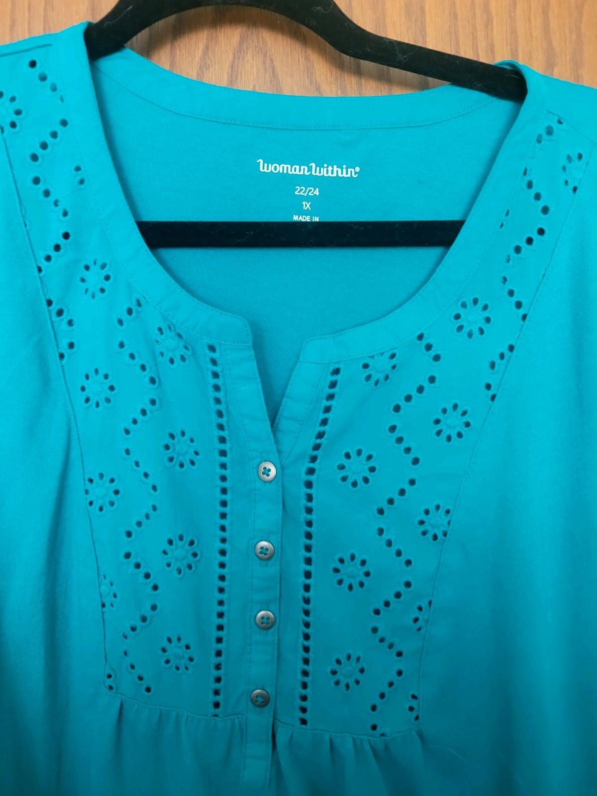 Teal Eyelit Woman Within Size XL Top - Saint Peter, Minnesota - FleaMarketBay