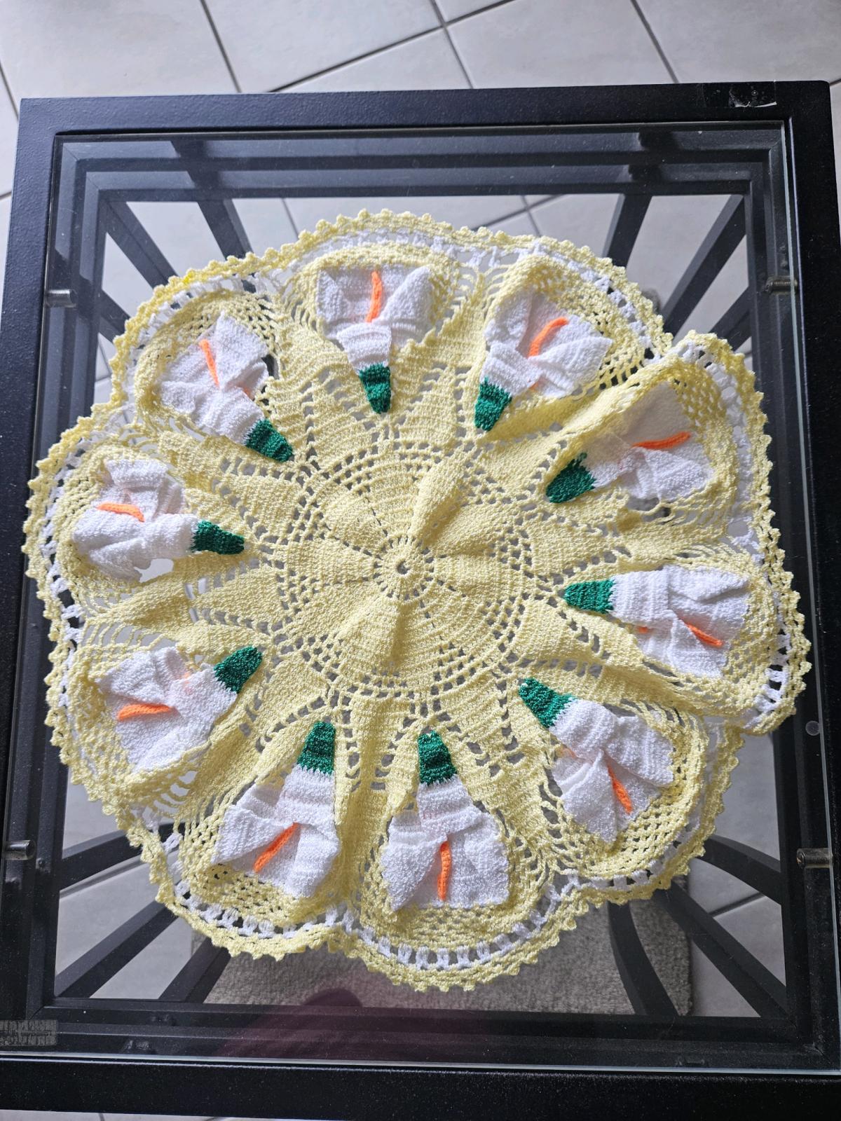 Handmade Yellow Crochet Floral Doily  White  Green 3D accent - Mount Prospect, Illinois - FleaMarketBay