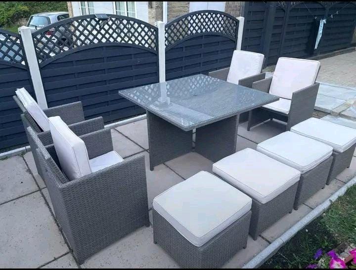 Modern Grey 9Piece Outdoor Rattan Dining  Cube Set - Alpine, Arizona - FleaMarketBay