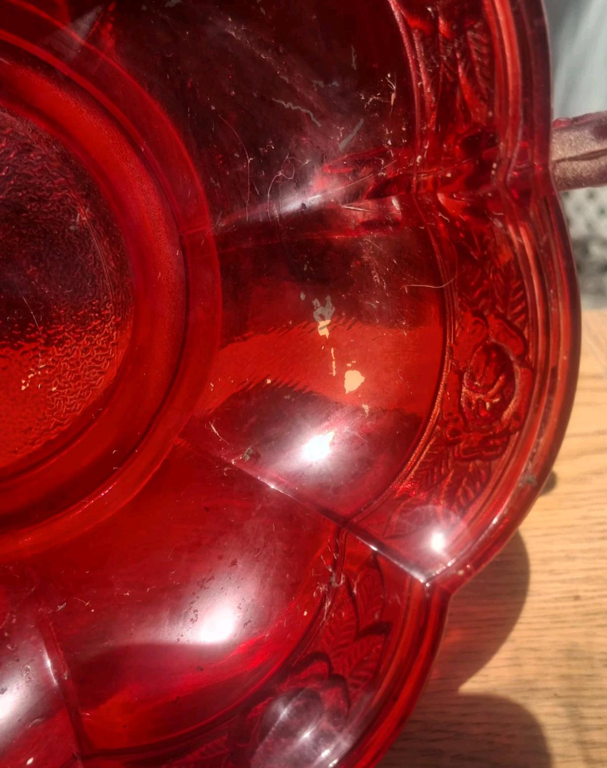 Vintage Jeanette Glass Aztec Rose Flashed Red 2 Handled Bowl - Weiner, Arkansas - FleaMarketBay