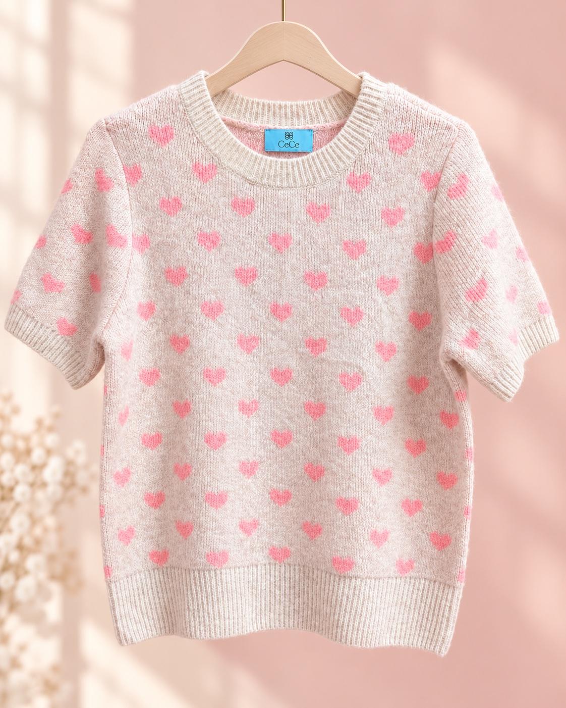 CeCe Womens Pink Heart Print Short Sleeve Knit - Hatch, New Mexico - FleaMarketBay