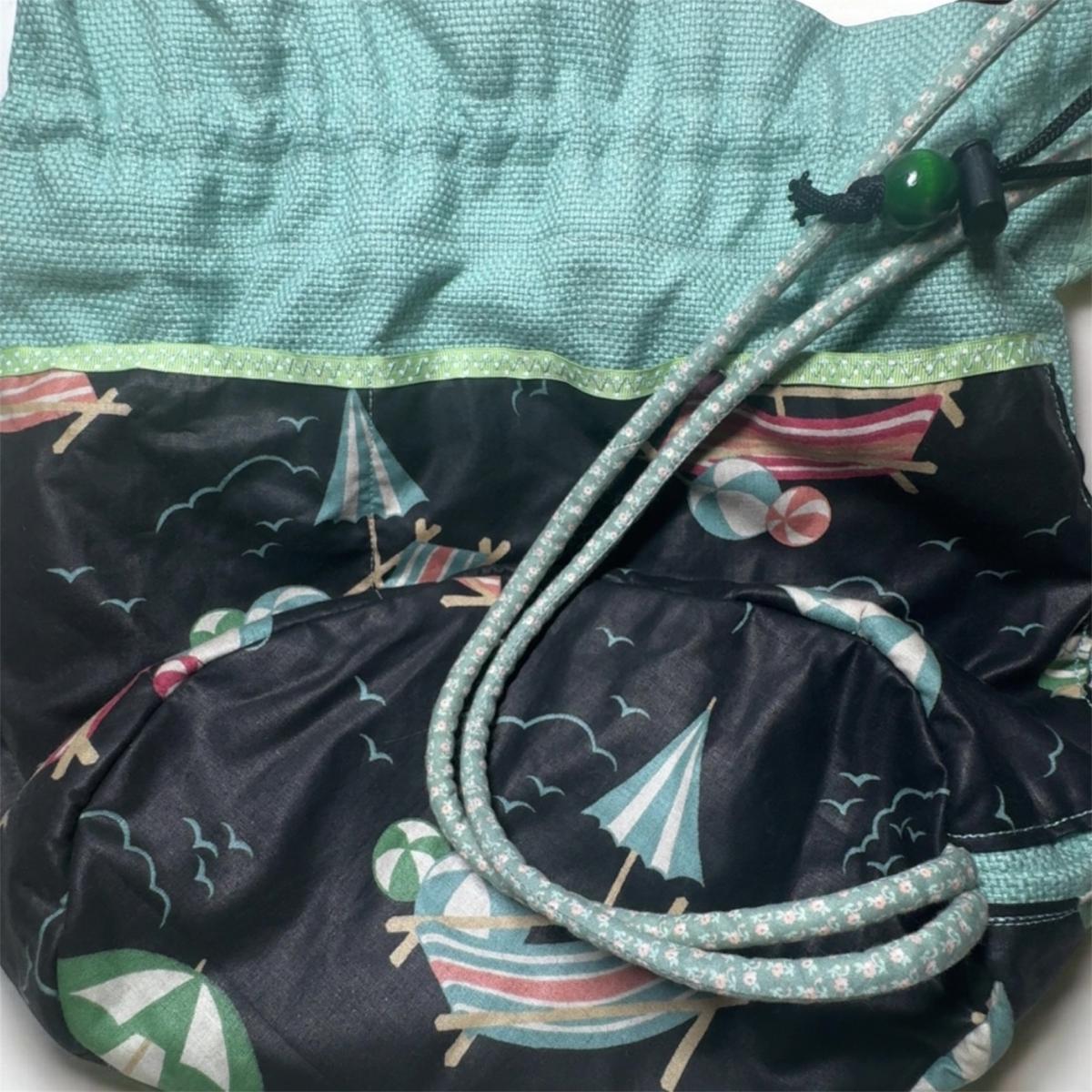 drawstring beach print bucket bag in mint and black - Minneapolis, Minnesota - FleaMarketBay
