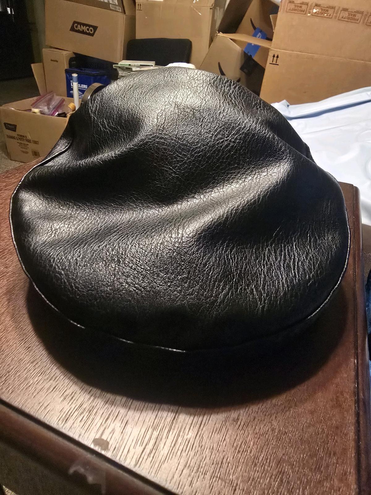 Black Faux Leather Fiddler Cap  Officer Hat with Red Cross P - Sulphur, Oklahoma - FleaMarketBay