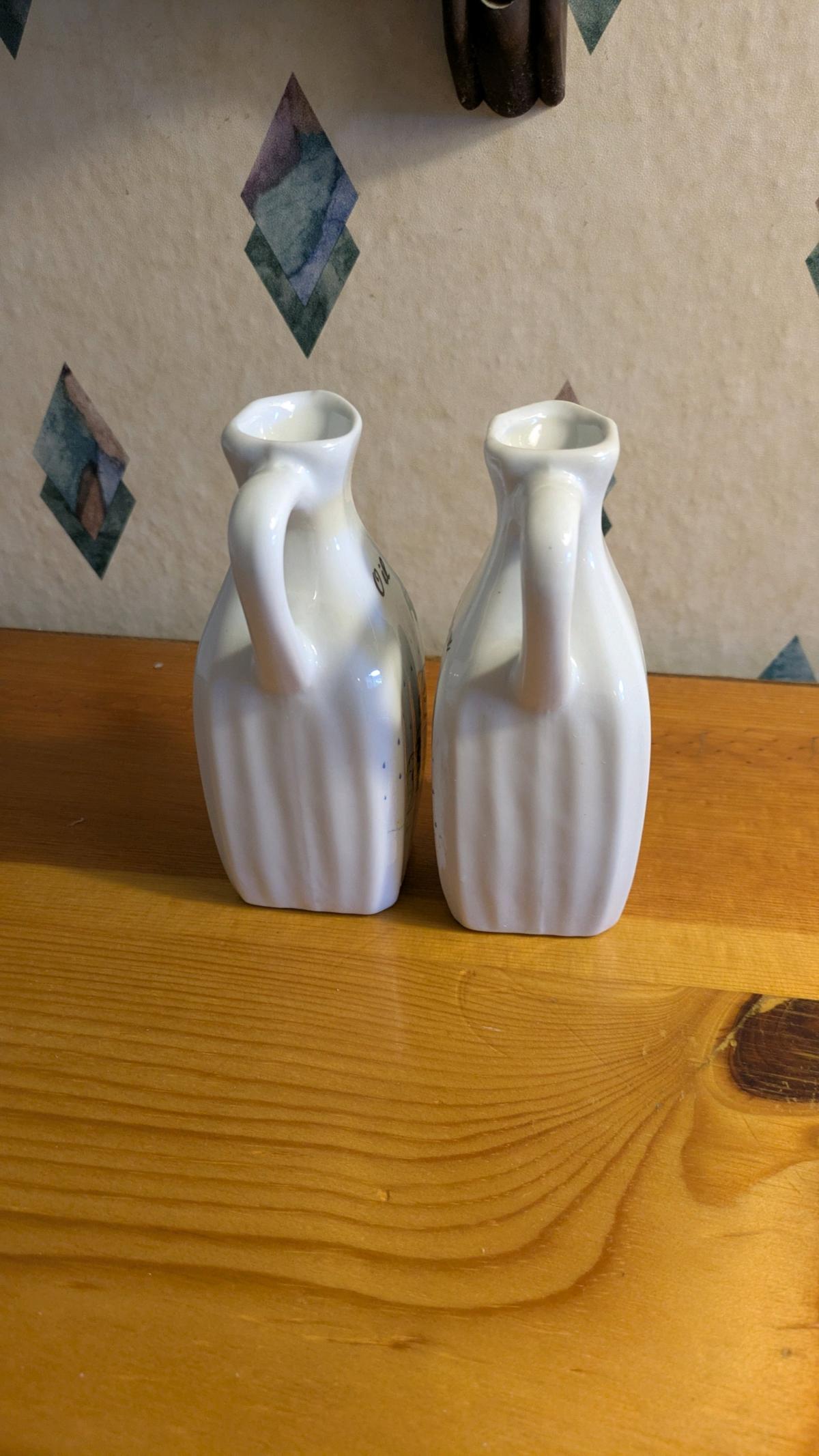 Ceramic White Oil  Vinegar Set 2 Bottles w Handle Pour Spout - Phoenix, Arizona - FleaMarketBay