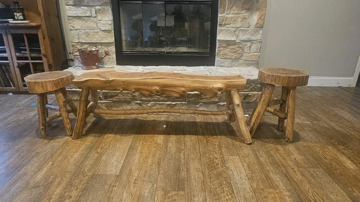 hand made cedar bench and stools - Jewett, Texas - FleaMarketBay