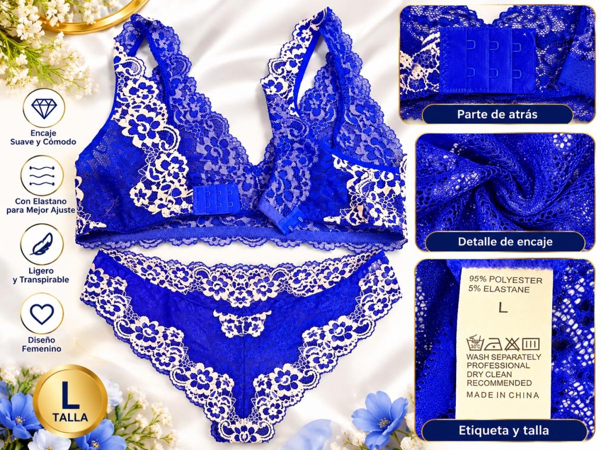 Conjunto de Lencera de Encaje Floral Azul Rey  Talla L - Hatch, New Mexico - FleaMarketBay