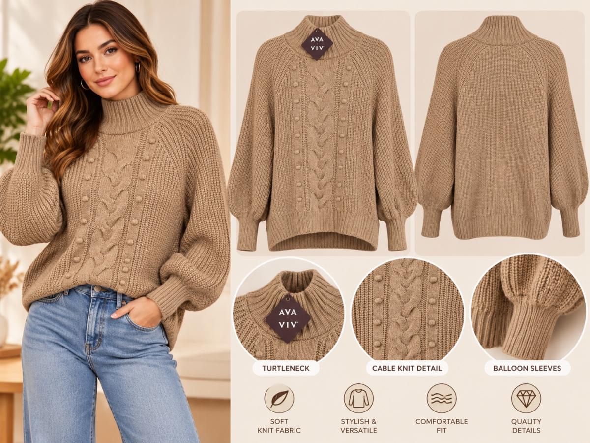 AVA  VIV Suter de Mujer Tejido Grueso Color Beige Camel - Hatch, New Mexico - FleaMarketBay