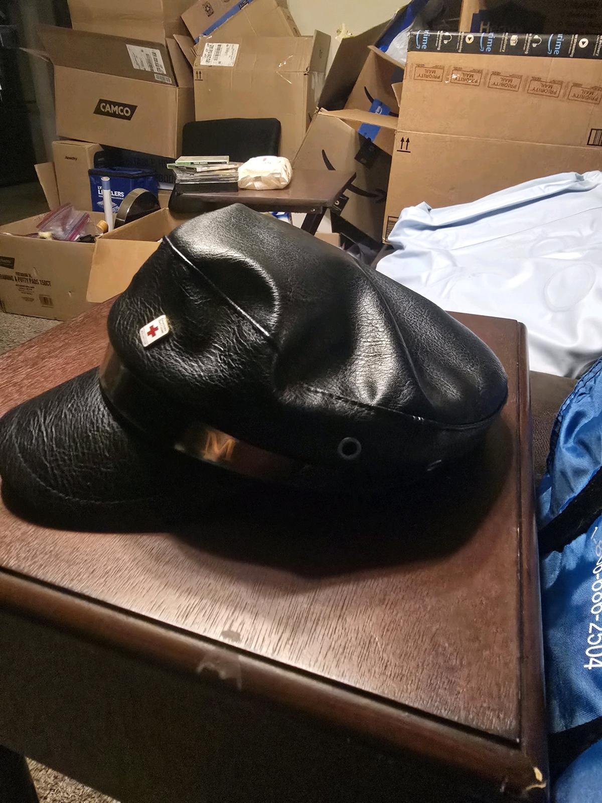 Black Faux Leather Fiddler Cap  Officer Hat with Red Cross P - Sulphur, Oklahoma - FleaMarketBay