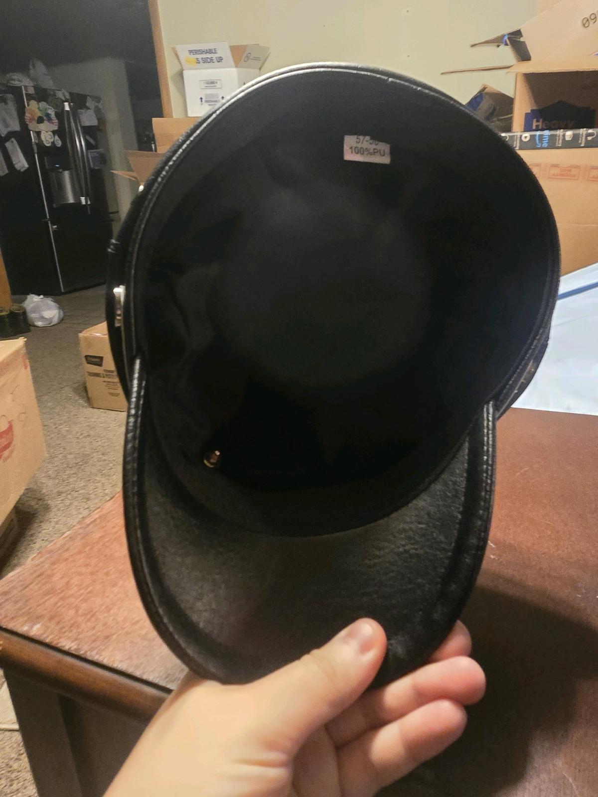 Black Faux Leather Fiddler Cap  Officer Hat with Red Cross P - Sulphur, Oklahoma - FleaMarketBay