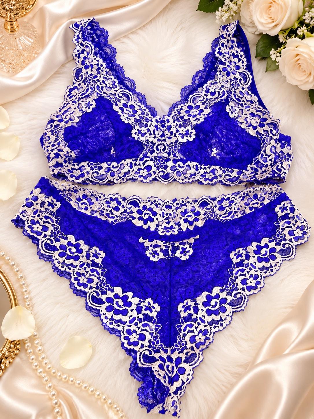 Conjunto de Lencera de Encaje Floral Azul Rey  Talla L - Hatch, New Mexico - FleaMarketBay