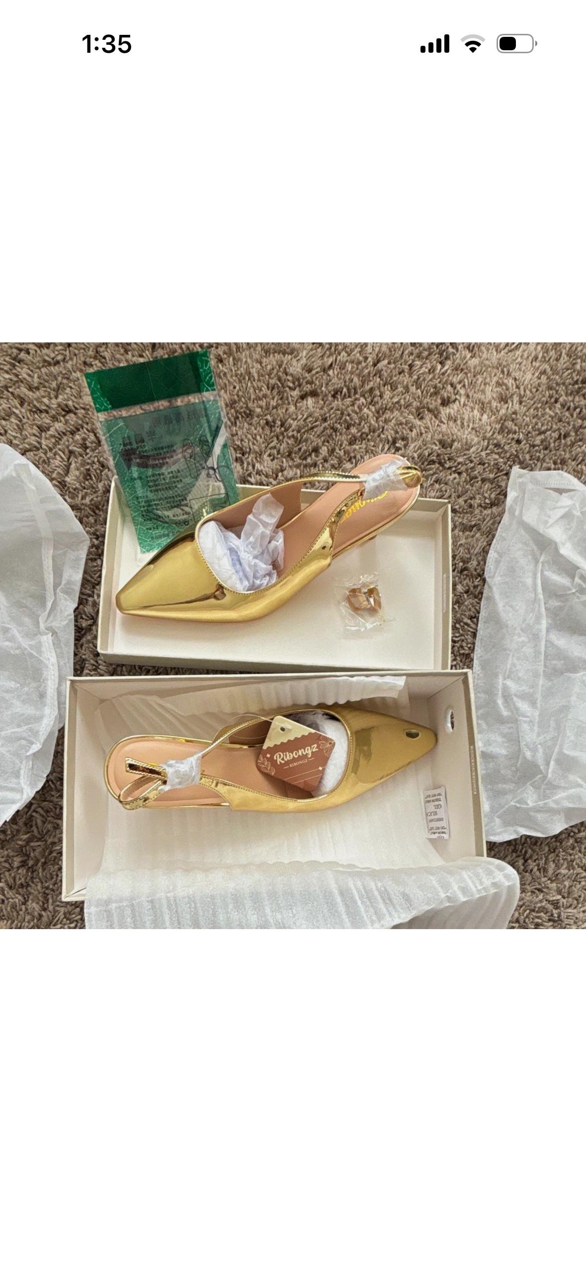RIBONGZ Gold Patent Leather Pointed Toe Slingback Heels Wome - Oklahoma City, Oklahoma - FleaMarketBay