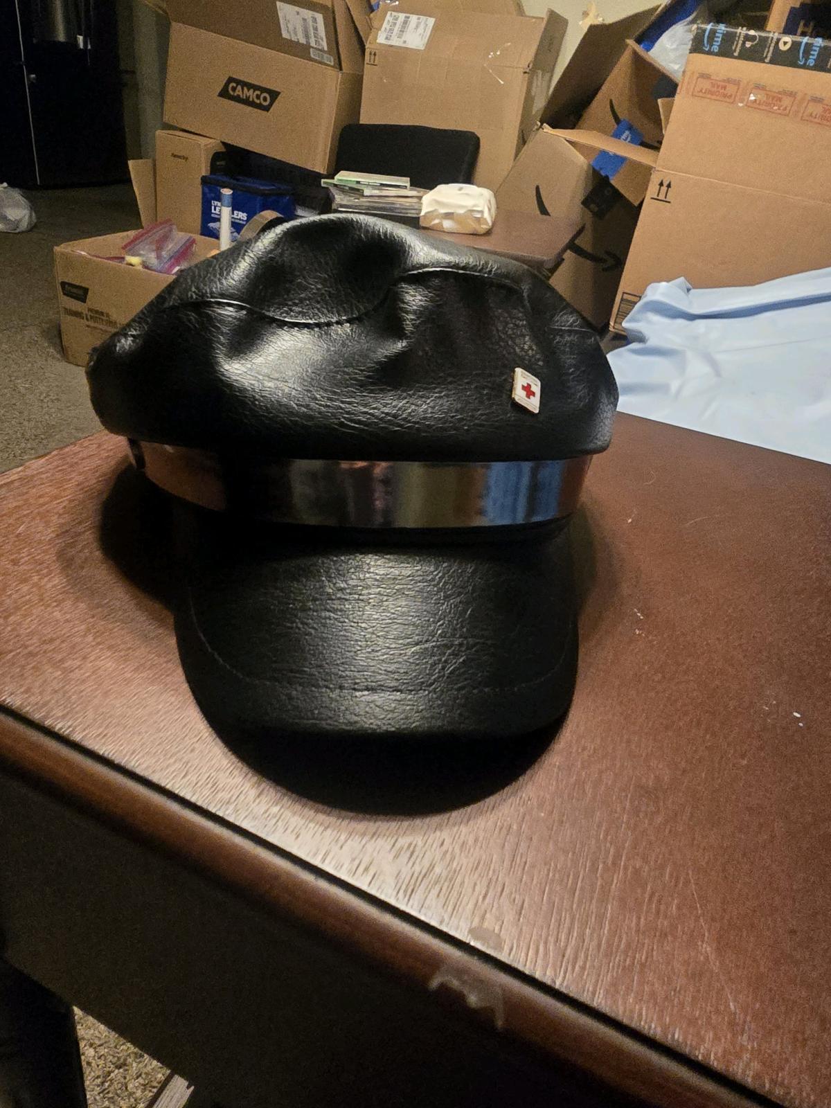 Black Faux Leather Fiddler Cap  Officer Hat with Red Cross P - Sulphur, Oklahoma - FleaMarketBay