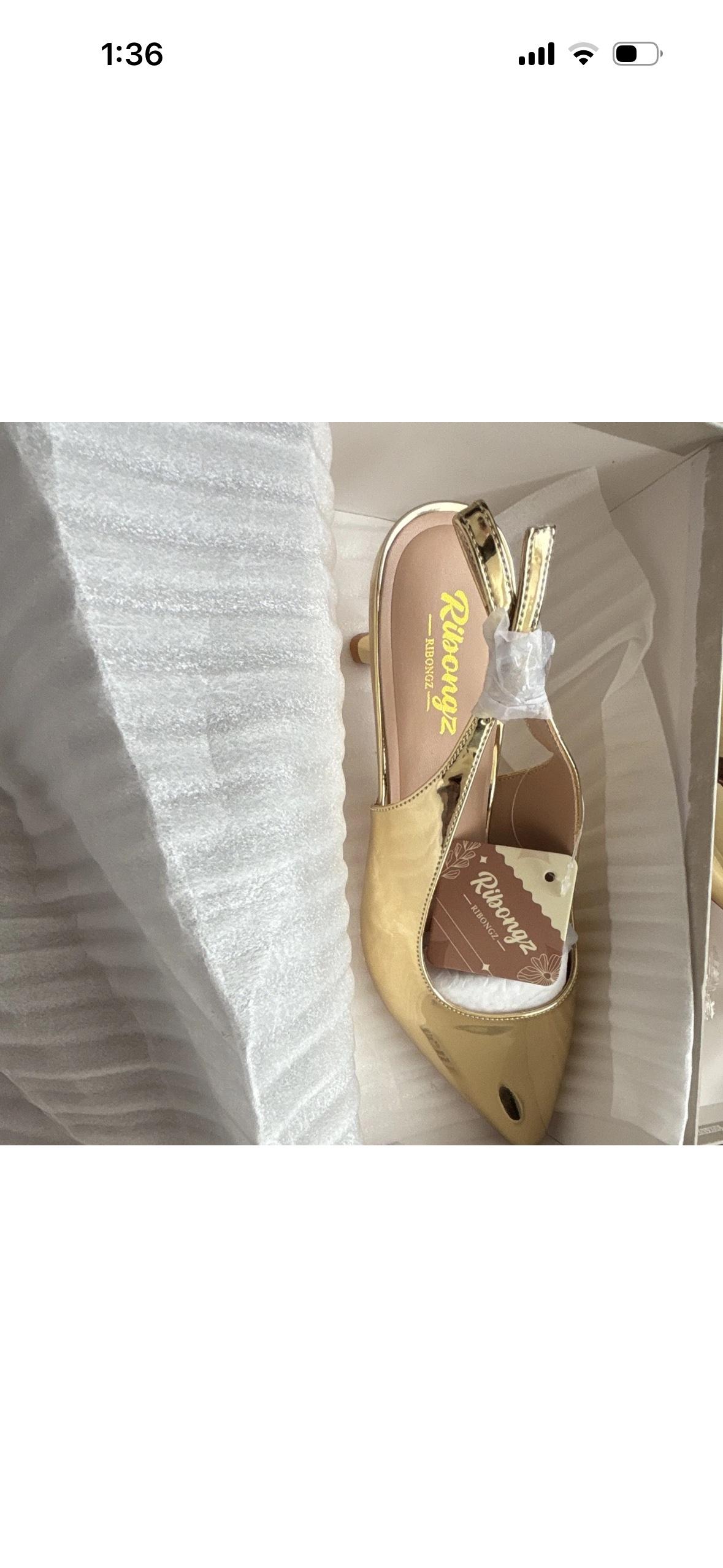 RIBONGZ Gold Patent Leather Pointed Toe Slingback Heels Wome - Oklahoma City, Oklahoma - FleaMarketBay