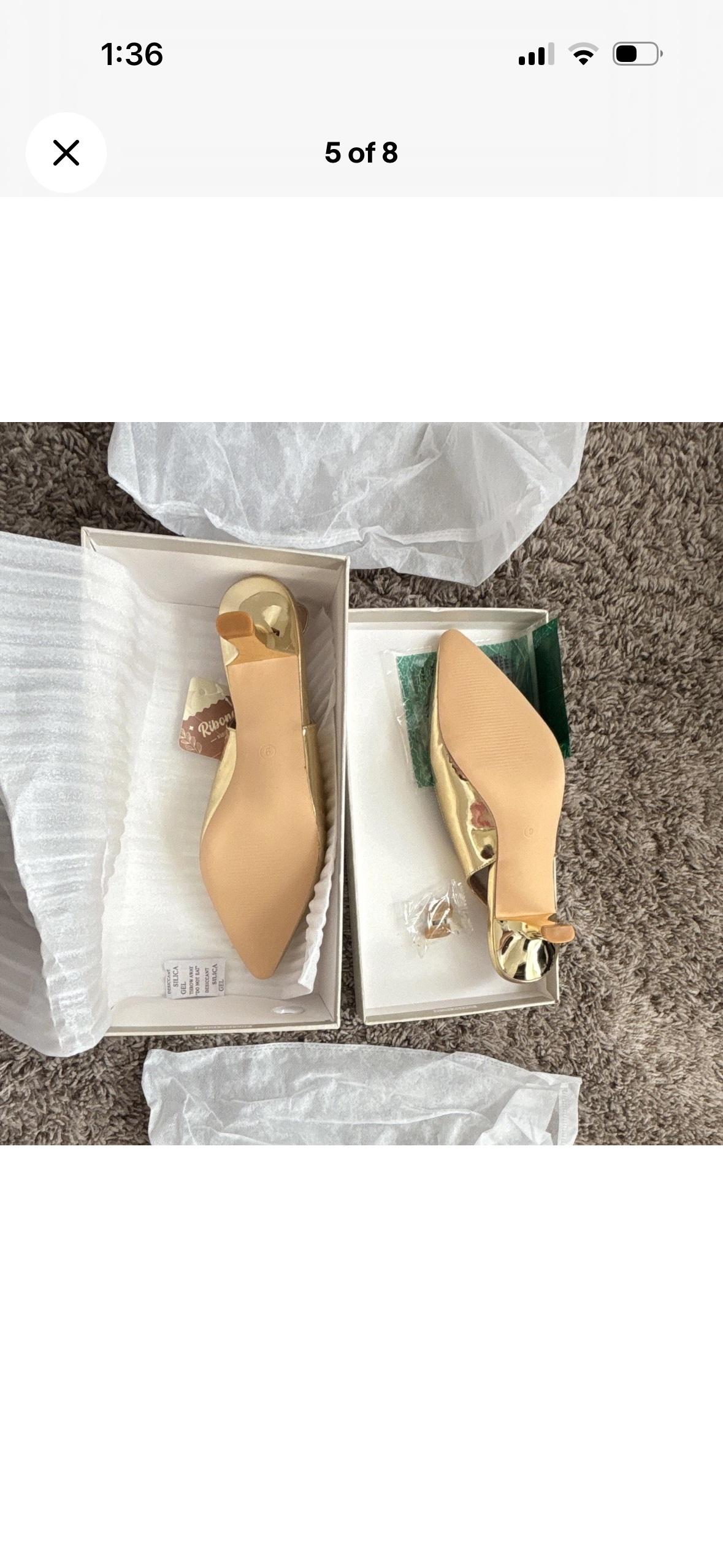 RIBONGZ Gold Patent Leather Pointed Toe Slingback Heels Wome - Oklahoma City, Oklahoma - FleaMarketBay