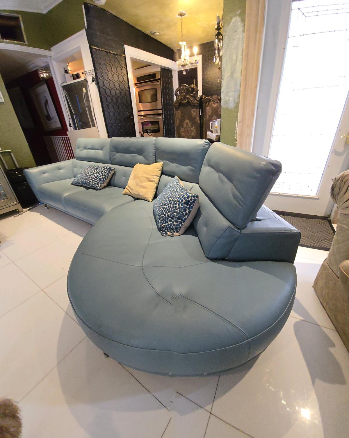 Teal Leather Sectional Sofa with Chaise - Fort Lauderdale, Florida - FleaMarketBay