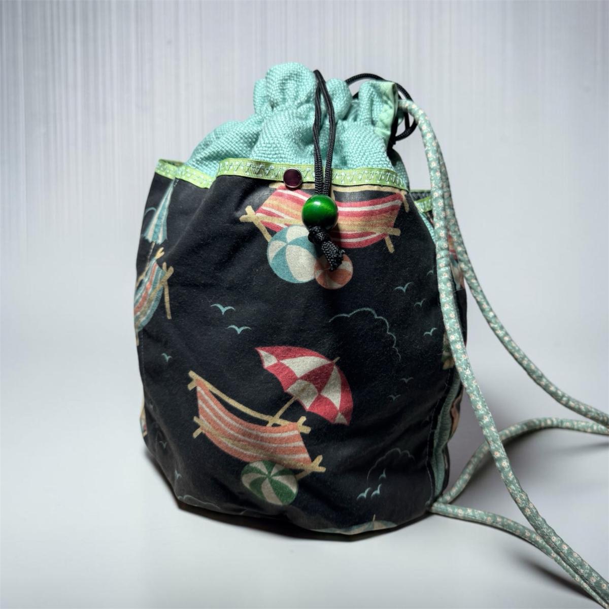 drawstring beach print bucket bag in mint and black - Minneapolis, Minnesota - FleaMarketBay