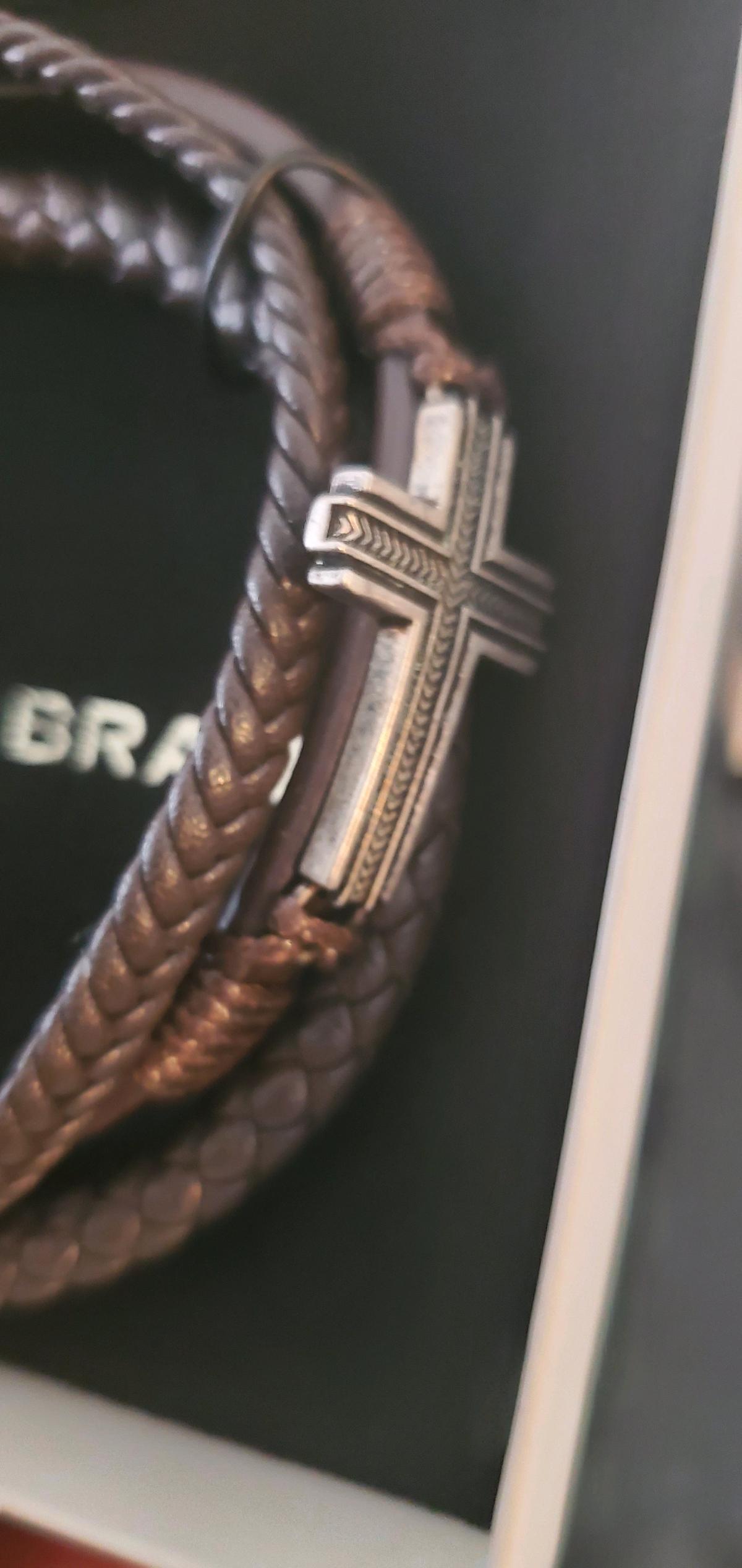 Lucky Brand Mens Braided Leather  Metal Cross Bracelet - Ozone Park, New York - FleaMarketBay