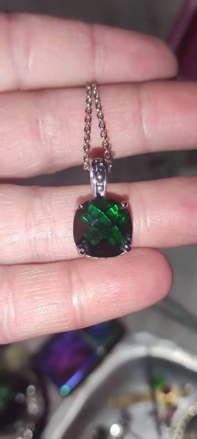 Large square emerald pendant on silver chain