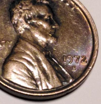 1972 S PENNY W/Rainbow tone and slight doubling. - Thumbnail 3