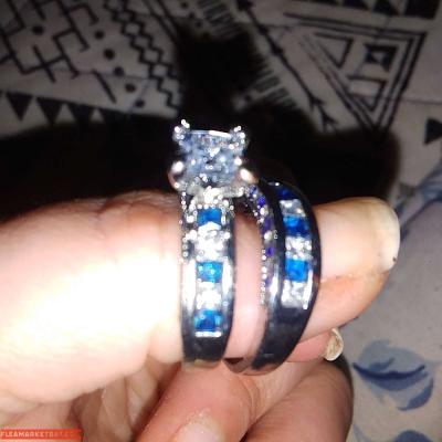 hes and hers white and blue diamonds wedding rings sets - Thumbnail 2