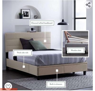 King Size Upholstered Bed Builtin DrawersModern Channel Tuft - Thumbnail 2