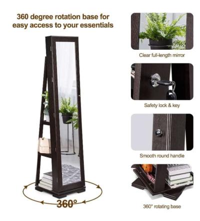 360Swivel Jewelry Armoire w MirrorFull Length Mirror Jewelry - Thumbnail 3