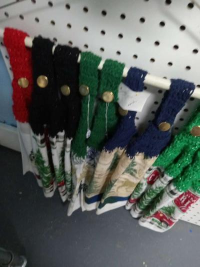 hanging towels with yarn tops