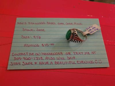 Stainless Steel Mens Oval Jade Ring - Thumbnail 2