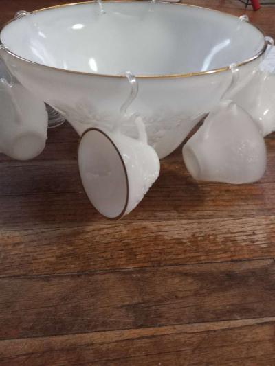 Vintage milkglass punch bowl with 8 cups