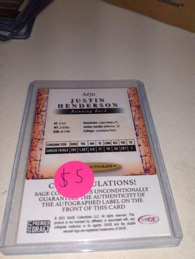 2021 premier draft Justin Henderson autographed card - Thumbnail 2