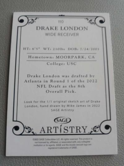 2022 SAGE ARTISTRY  DRAKE LONDON RC CARD - Thumbnail 2