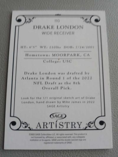 2022 SAGE ARTISTRY  DRAKE LONDON 110  RC ROOKIE CARD - Thumbnail 2