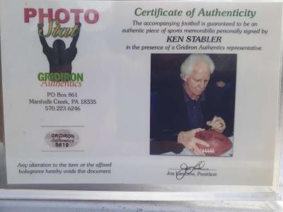 an autographed Ken Stabler football in an acrylic case - Thumbnail 3