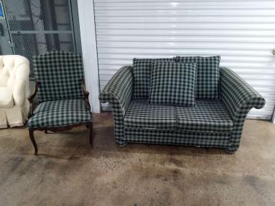 Green Checkered Loveseat and Chair