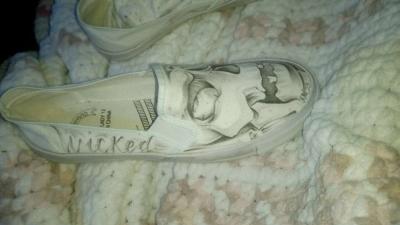 shoes with prison art drawn on them by the homeboy Jhonny m - Chico, California