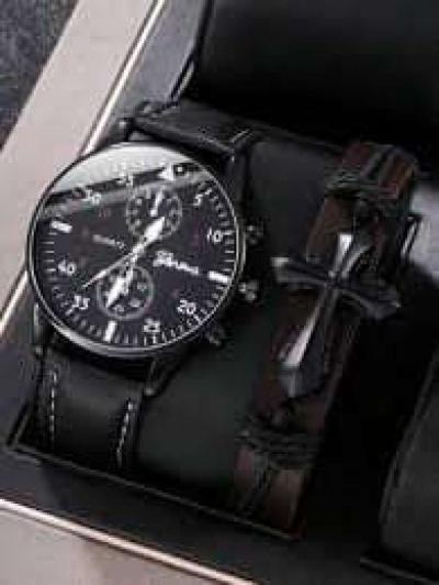 1pc Men Round Dial Pointer Quartz Watch  1pc Cross Decor Str