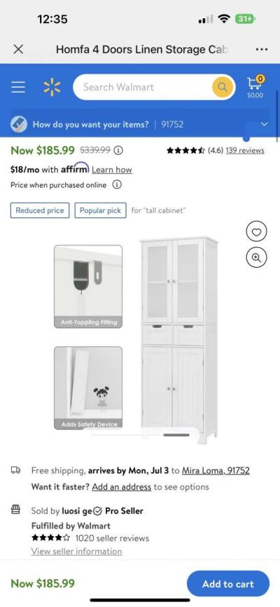 4 Doors Linen Storage Cabinet 3Tier Wood Tall Cabinet Cupboa - Thumbnail 2