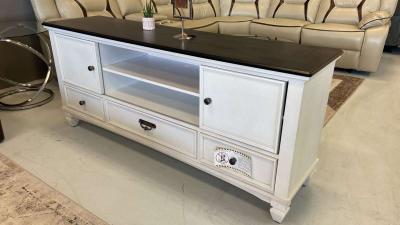 White with wood top 65 tv stand with slide doors we have del - Thumbnail 2