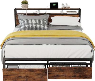 Full Size Bed Frame with Storage Drawers Platform Bed with H - Thumbnail 6