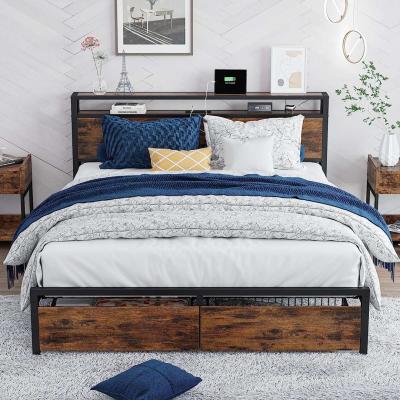 Full Size Bed Frame with Storage Drawers Platform Bed with H - Thumbnail 2