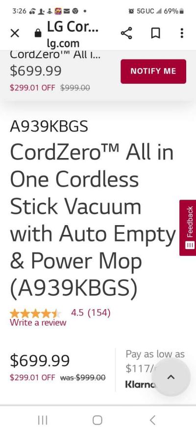 LG cord zero all in one stick vacuum with power mop - Thumbnail 4